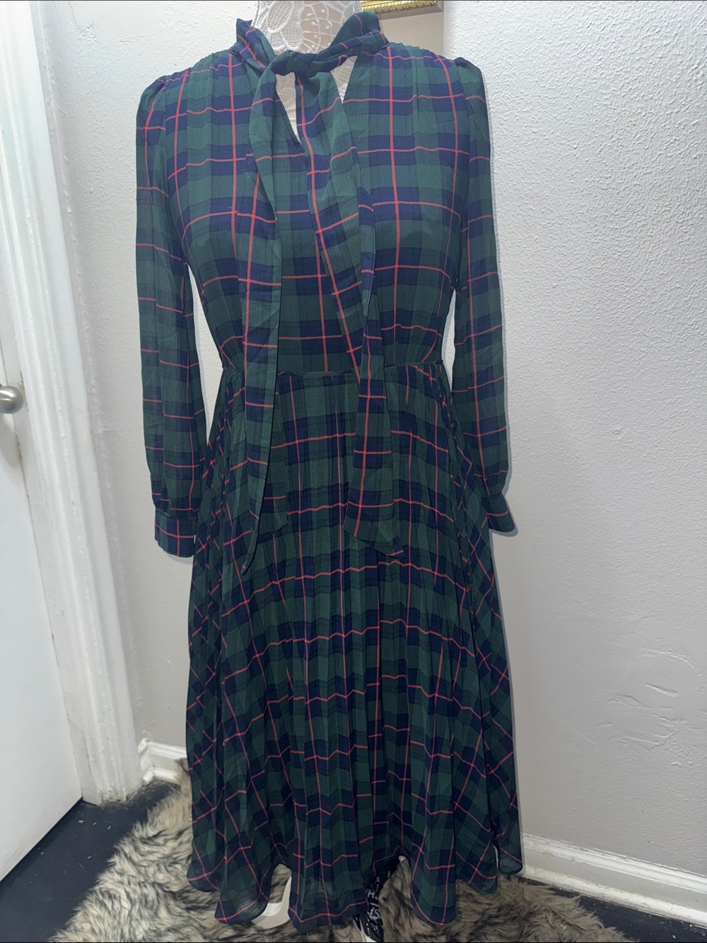 J. Crew Dark Green and Pink Plaid Long-Sleeve Midi Dress with Tie Neck